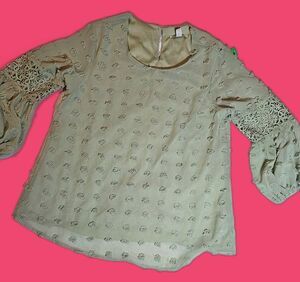 CATO Sage Green Swiss Dot Blouse Lace Bell Sleeves Sheer Top Women’s Small